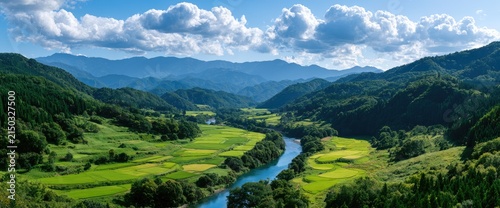 Lush Green Valley with Winding River and Majestic Mountains Under a Cloudy Sky.