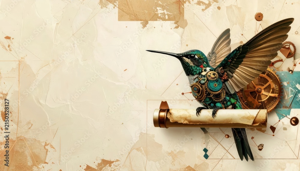 Obraz premium Vintage hummingbird collage on aged parchment background with a small rolled scroll.