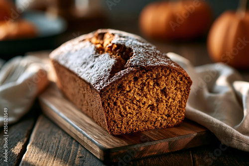 loaf of  pumpkin bread on wooden board