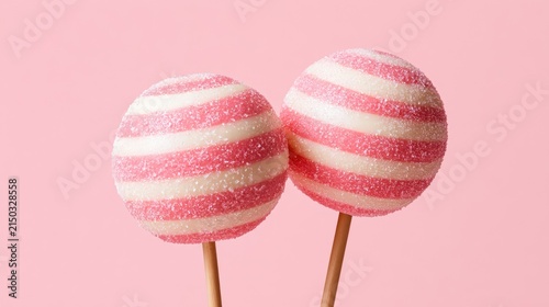 Two Swirled Pink and White Lollipops on Pink Background.