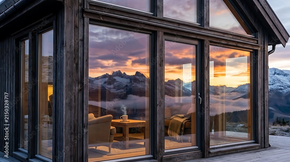 Fototapeta premium Sunset mountain reflection in modern cabin glass windows.
