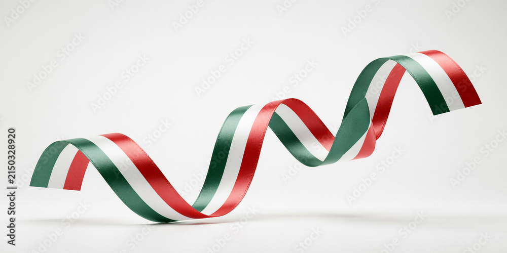 Fototapeta premium Wavy ribbon with green, white, and red stripes on a white background