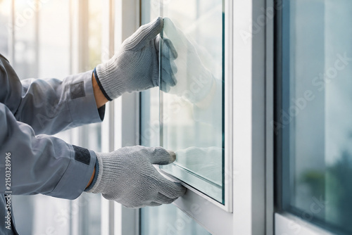 Window Installation: Close-up of hands wearing work gloves carefully installing a glass pane into a window frame, highlighting precision and professional craftsmanship.