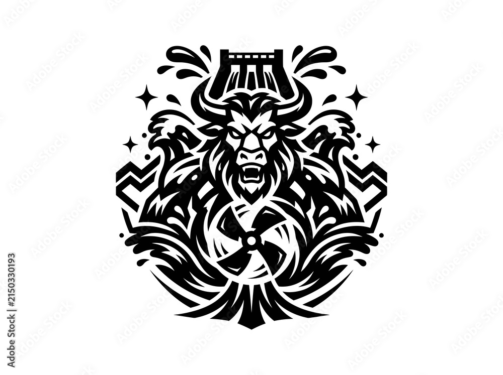 Fototapeta premium Black and white illustration of a powerful bull with dam and turbine