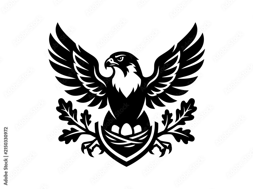 Fototapeta premium Black and White Emblem of an Eagle with Wings Spread Over Nest and Oak Leaves