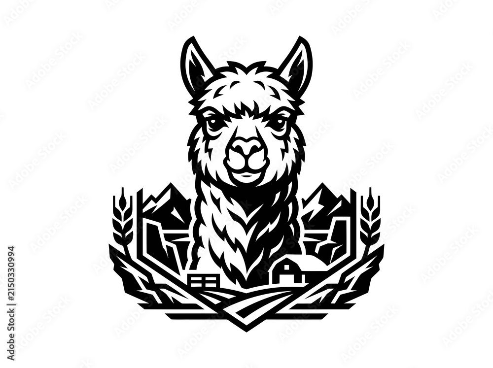 Fototapeta premium Black and White Alpaca Farm Logo - Rustic Mountain Landscape