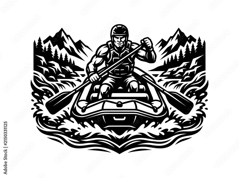 Fototapeta premium Aggressive Rafter in Inflatable Raft with Paddles on Whitewater Rapids - Black and White Vector Illustration