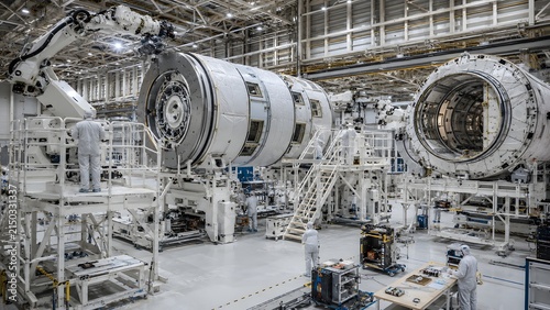 White aerospace module assembly in clean factory