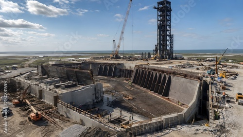 Rocket launch pad construction beside dam site