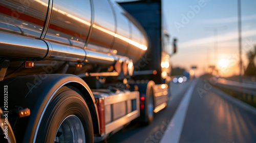 Large fuel truck with a metal tanker delivering fuel along a highway road  energy logistics concept  with copy space