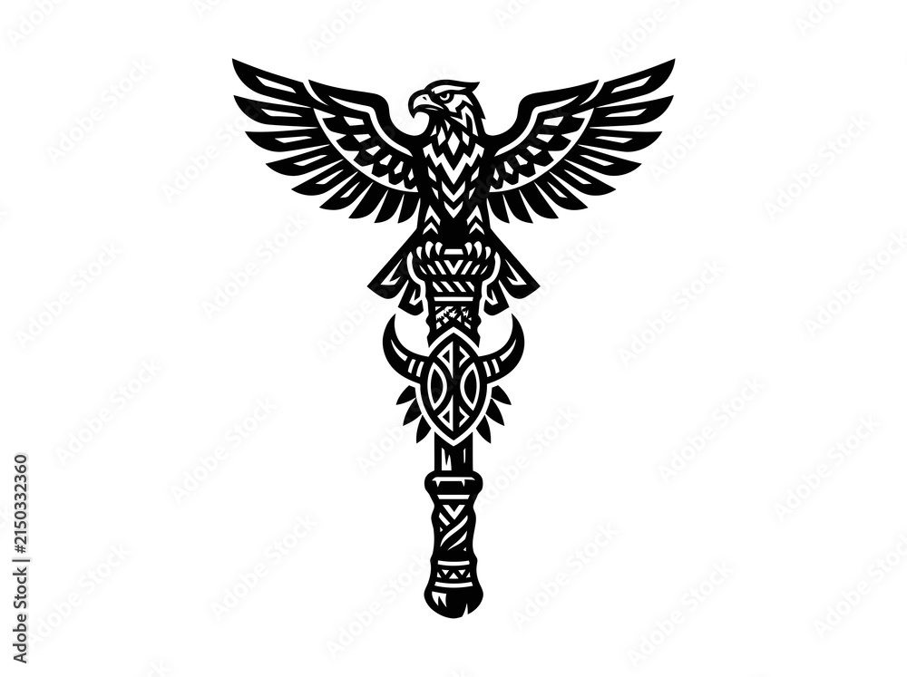 Fototapeta premium Stylized Eagle Tribal Totem Staff Black and White Glyph - Indigenous Culture, Power, and Fantasy Art Logo