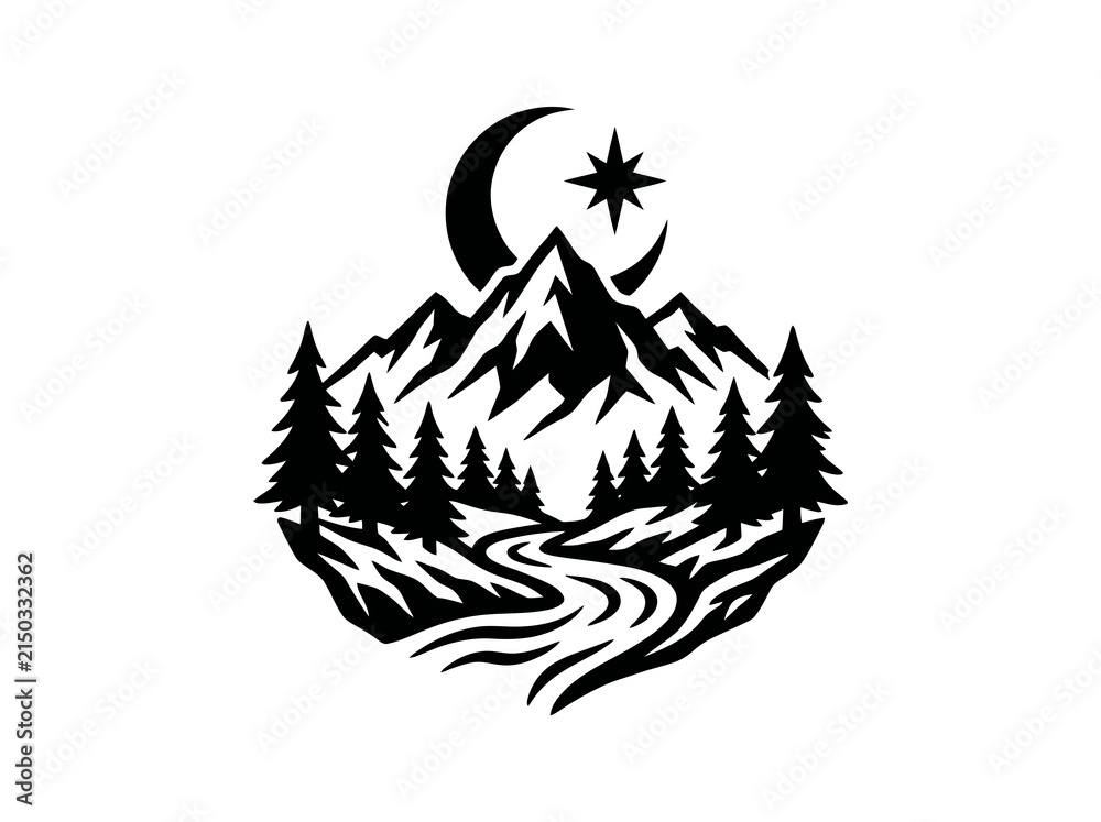 Obraz premium Outdoor Nature Mountain Landscape Silhouette Vector with Pine Trees, River, Crescent Moon, Star - Black White Graphic