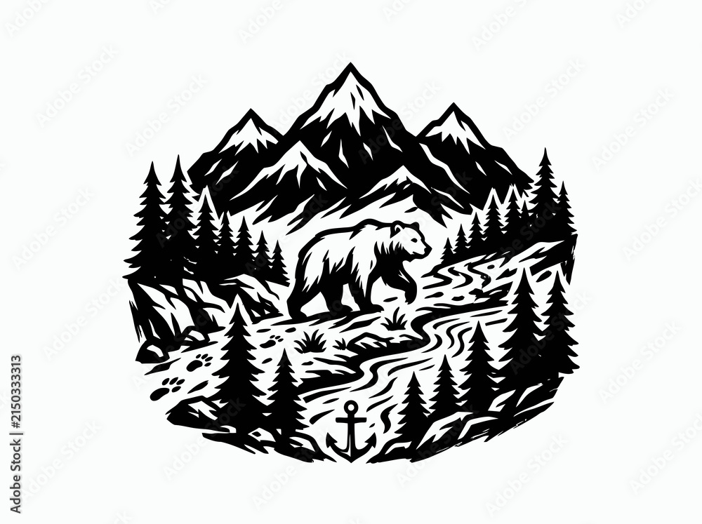 Obraz premium Black and White Vector Illustration of a Bear in a Mountain Forest Landscape with River and Anchor, perfect for Outdoor Adventure