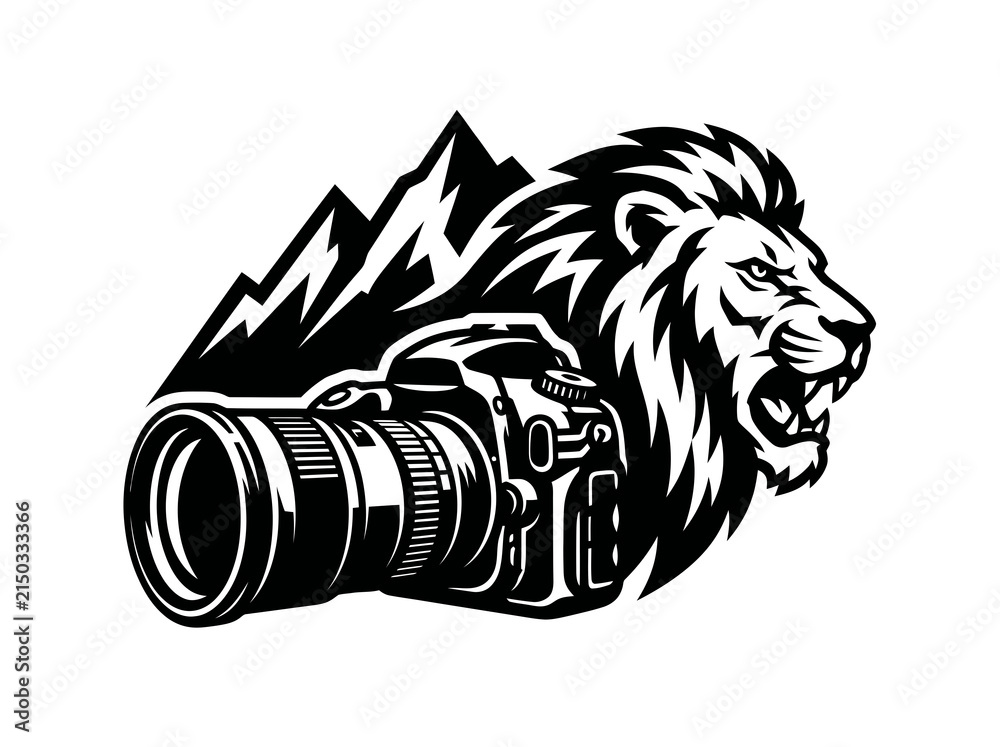 Fototapeta premium Black and White Vector Art of a Lion's Head and Camera for Photography