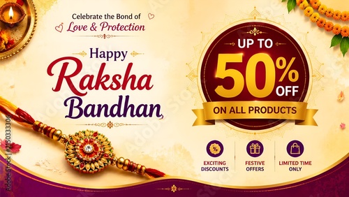 Festive Raksha Bandhan promotional banner featuring traditional decorative rakhi thread with fifty percent discount offer on a soft golden background