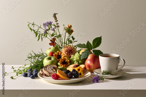 Luxury wellness retreat breakfast with seasonal fruit herbal tea edible flowers and fresh herbs showcasing botanical calm and mindful nourishment