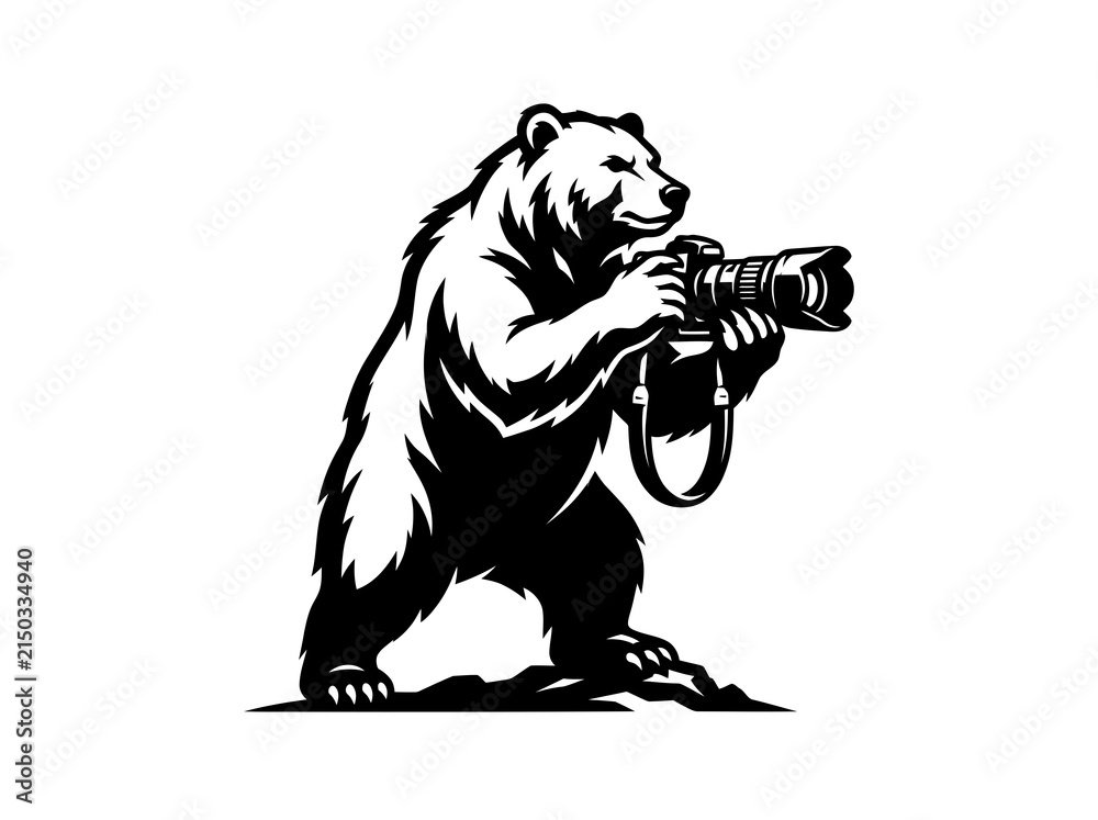 Fototapeta premium Black and White Bear Photographer Vector Logo with Camera Icon