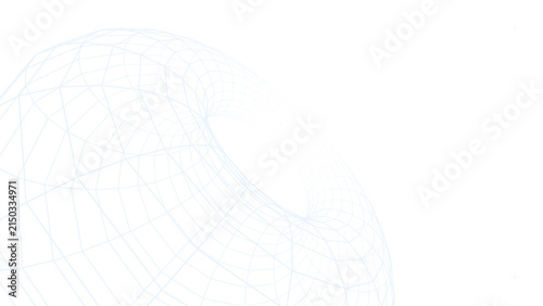 Abstract wireframe structure of toroid shape in white lines on transparent grid background.