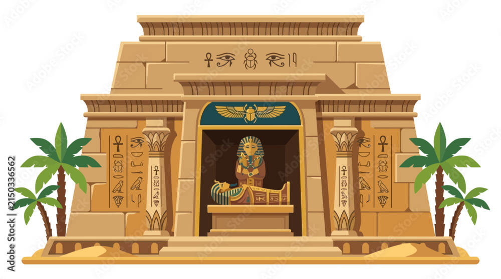 Naklejka premium Ancient Egyptian temple vector illustration, stone tomb with pharaoh sarcophagus and hieroglyphics, desert monument with palm trees
