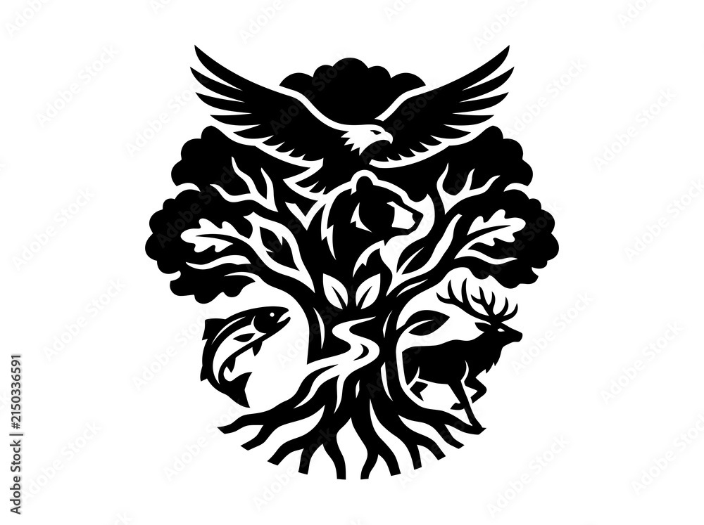 Fototapeta premium Black and white vector illustration of a tree with animals and eagle, nature symbol