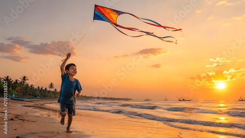 Joyful Fisherman’s Child Flying Colorful Kite on Tropical Beach at Sunset