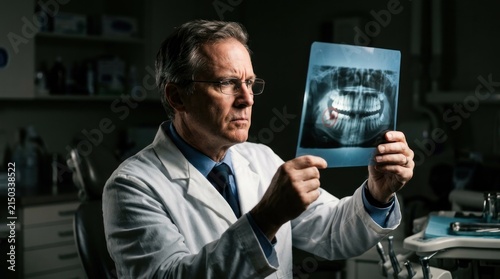 Senior male dentist examining dental x-ray film in a dimly lit clinic office while pointing out a specific issue on the teeth radiograph