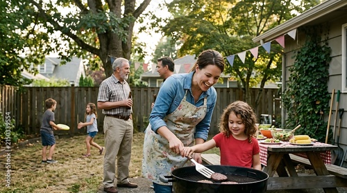 Multigenerational family enjoying a backyard barbecue together