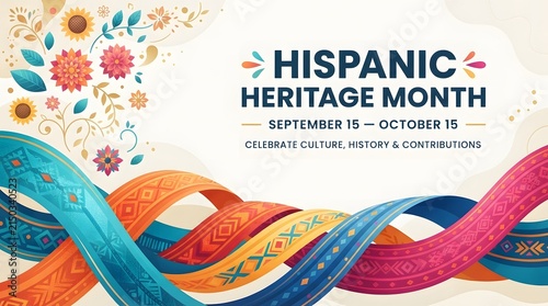 Hispanic Heritage Month celebration banner with colorful decorative ribbons and floral patterns.