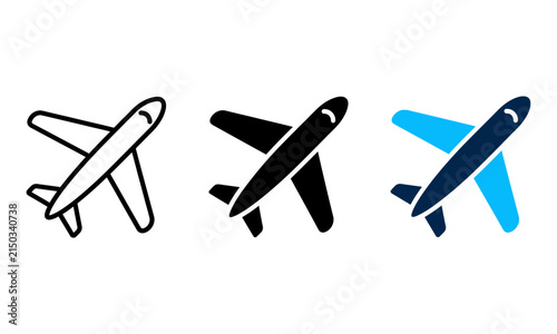 Airplane flight icon set in black and blue colors for airline branding.