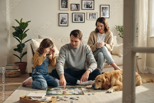 Family sitting on living room floor assembling a jigsaw puzzle with golden retriever
