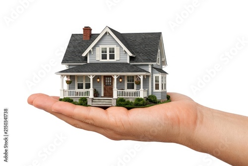 A hand holding a small model of a traditional two-story house.