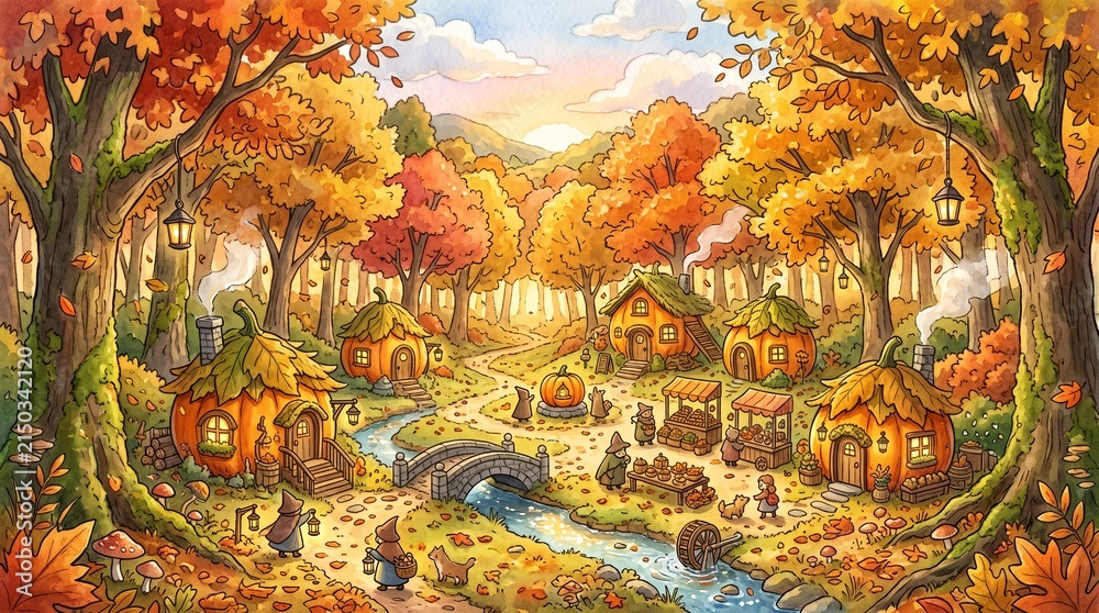 Obraz premium A whimsical hand-painted watercolor illustration of a charming tiny pumpkin village nestled in the heart of a magical autumn forest.