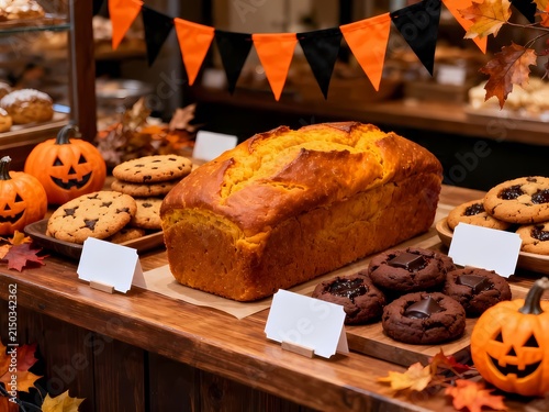 Festive Halloween Bakery Counter Featuring Pumpkin Loaf Bread and Assorted Cookies Decorated with Autumn Leaves and Jack O Lanterns