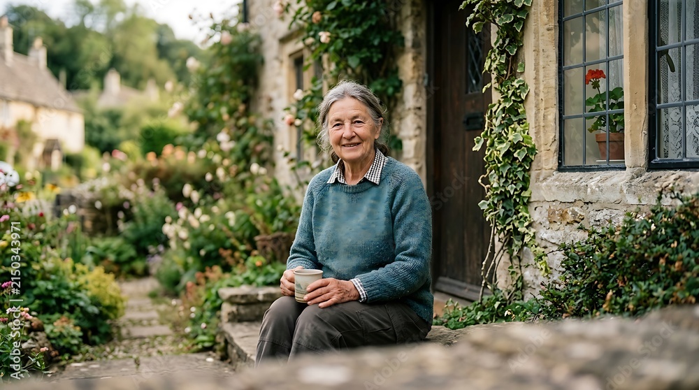 Obraz premium Happy senior woman sitting outside her rustic stone cottage