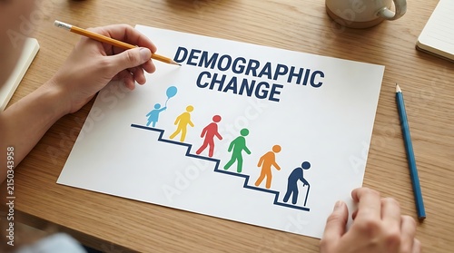 Person drawing demographic change concept with people icons walking on steps