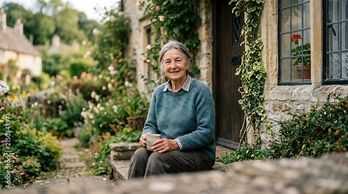 Happy senior woman sitting outside her rustic stone cottage