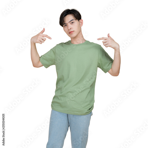 Young man pointing to himself wearing a plain green t-shirt and striped pants