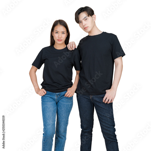 Young Asian couple wearing plain black t-shirts and denim jeans
