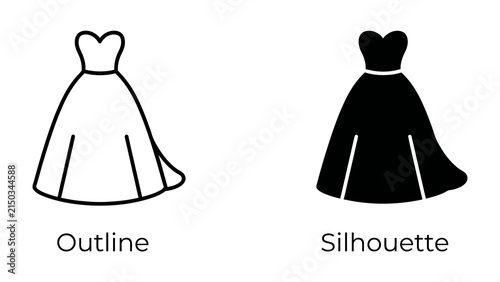 Cuadro en lienzo Wedding Dress Outline and Silhouette: Two icons of a wedding dress, one as a line drawing outline and the other as a solid silhouette, represent the elegance and form of bridal attire