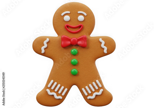 A cute gingerbread man cookie decorated with red icing bow and green candy buttons isolated on transparent background