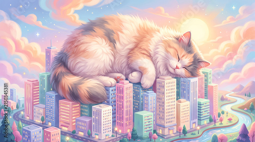 A whimsical illustration of a giant fluffy cat