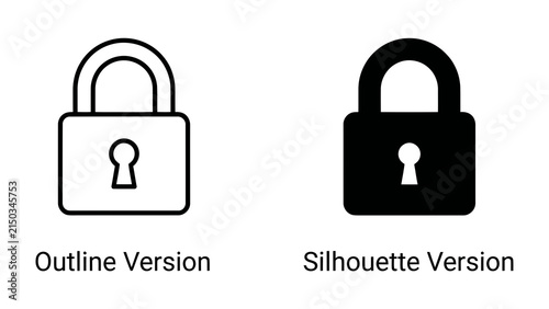 Konstfotografi Padlock Icon Duo: A comparative set of two padlock icons, one an outline and the other a solid silhouette, representing security and protection in a digital or physical context