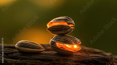 Macro shot of glowing sunflower seeds stacked on wood.