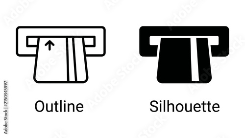 ATM Card Insertion: Two graphic icons depicting an ATM card being inserted into a slot, one in outline and the other as a silhouette, representing financial transactions and banking services.