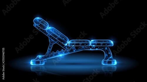 Abstract glowing blue futuristic weight bench with sparkling lights on black background