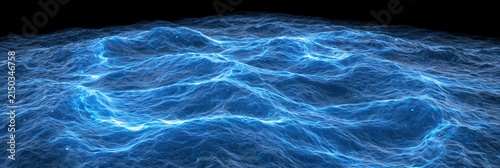 Abstract glowing blue ocean waves with sparkling particles in darkness
