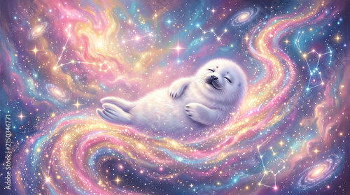 Cosmic Dream: A cute baby seal floats blissfully through a vibrant, swirling nebula filled with stars and constellations, embodying pure wonder and imagination.