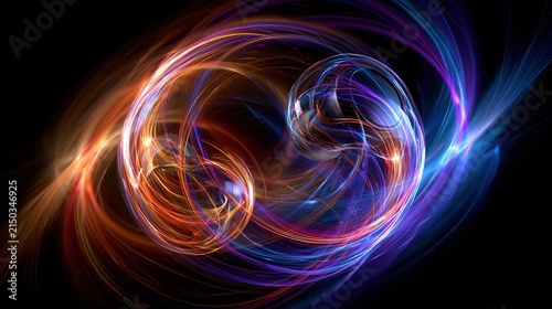 Abstract swirling fractal light trails in vibrant orange, purple, and blue against a black background