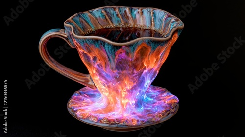 Artistic coffee cup with swirling colorful smoke effect and coffee inside, isolated on black background