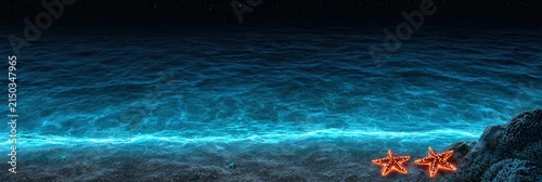 Panel kuchenny z motywem Glowing Starfish on Sandy Beach Under Starry Night Sky with Bioluminescent Ocean Waves